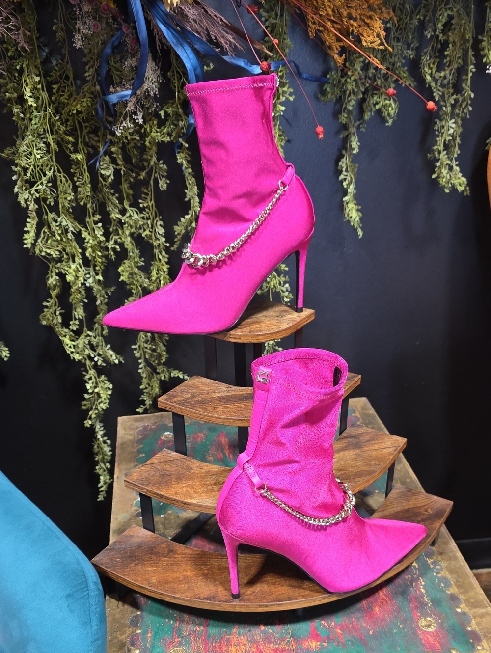Guess Fuchsia Pointed-Toe Stiletto Booties with Chain Trim